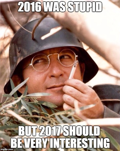 Staying positive on the horizon | 2016 WAS STUPID; BUT 2017 SHOULD BE VERY INTERESTING | image tagged in wolfgang the german soldier | made w/ Imgflip meme maker