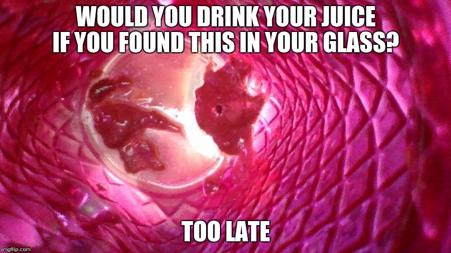 WOULD YOU DRINK YOUR JUICE IF YOU FOUND THIS IN YOUR GLASS? TOO LATE | image tagged in poop in a cup | made w/ Imgflip meme maker