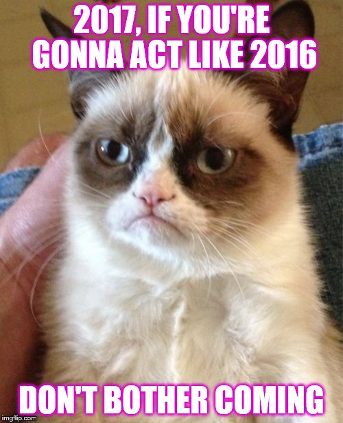 Grumpy Cat Meme | 2017, IF YOU'RE GONNA ACT LIKE 2016; DON'T BOTHER COMING | image tagged in memes,grumpy cat | made w/ Imgflip meme maker