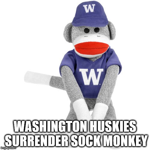 WASHINGTON HUSKIES SURRENDER SOCK MONKEY | image tagged in uw,huskies,sock monkey | made w/ Imgflip meme maker