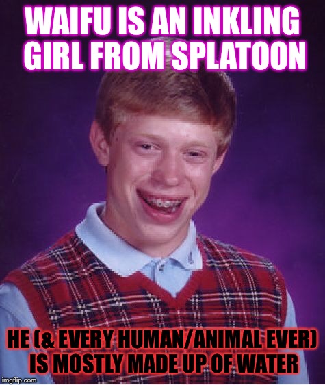 Bad Luck Brian Meme | WAIFU IS AN INKLING GIRL FROM SPLATOON HE (& EVERY HUMAN/ANIMAL EVER) IS MOSTLY MADE UP OF WATER | image tagged in memes,bad luck brian | made w/ Imgflip meme maker