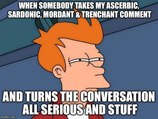 Futurama Fry Meme | WHEN SOMEBODY TAKES MY ASCERBIC, SARDONIC, MORDANT & TRENCHANT COMMENT AND TURNS THE CONVERSATION ALL SERIOUS AND STUFF | image tagged in memes,futurama fry | made w/ Imgflip meme maker