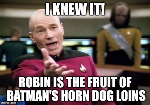 Picard Wtf Meme | I KNEW IT! ROBIN IS THE FRUIT OF BATMAN'S HORN DOG LOINS | image tagged in memes,picard wtf | made w/ Imgflip meme maker