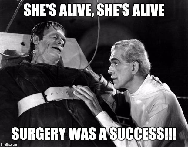 dr frankenstein | SHE'S ALIVE, SHE'S ALIVE; SURGERY WAS A SUCCESS!!! | image tagged in dr frankenstein | made w/ Imgflip meme maker