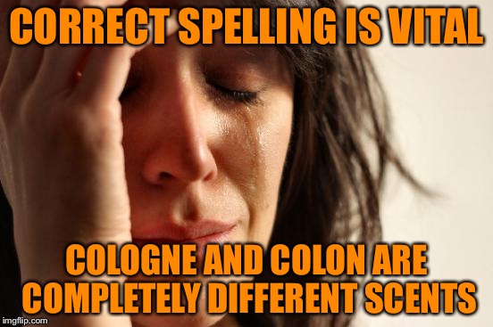 First World Problems Meme | CORRECT SPELLING IS VITAL COLOGNE AND COLON ARE COMPLETELY DIFFERENT SCENTS | image tagged in memes,first world problems | made w/ Imgflip meme maker