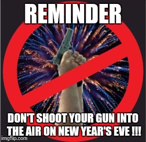 2017 | REMINDER; DON'T SHOOT YOUR GUN INTO THE AIR ON NEW YEAR'S EVE !!! | image tagged in 2017 | made w/ Imgflip meme maker