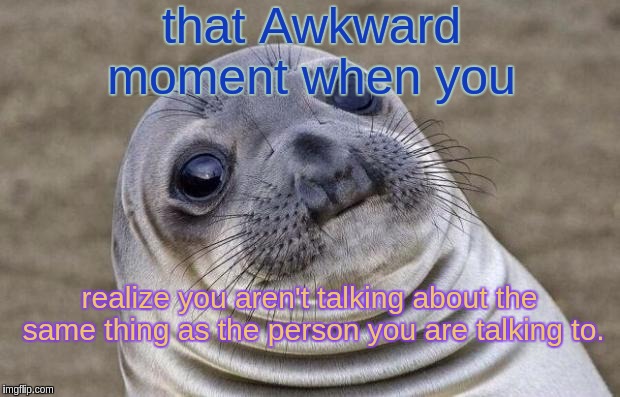 this has happened to me more than once, comment if you've also done this. | that Awkward moment when you; realize you aren't talking about the same thing as the person you are talking to. | image tagged in memes,awkward moment sealion | made w/ Imgflip meme maker