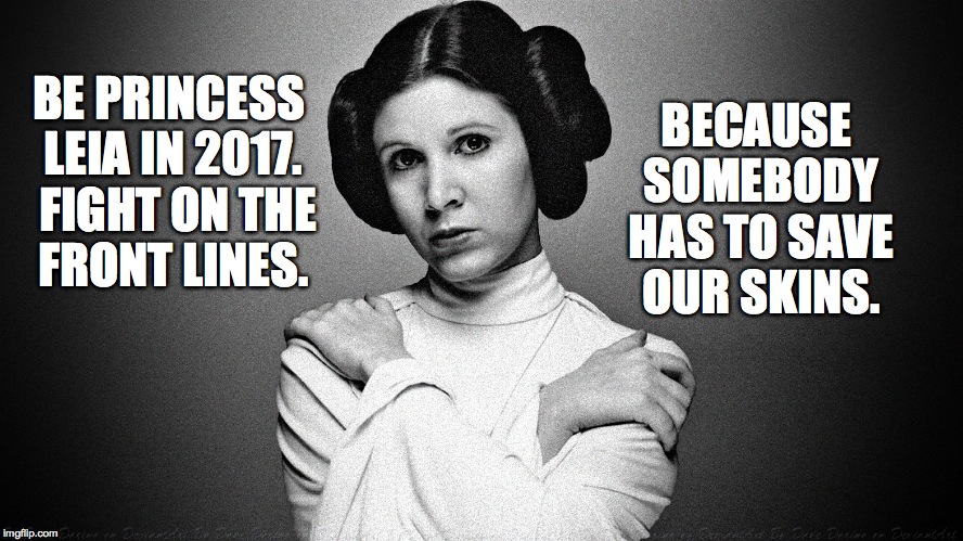 Because somebody has to save our skins | BECAUSE SOMEBODY HAS TO SAVE OUR SKINS. BE PRINCESS LEIA IN 2017.  FIGHT ON THE FRONT LINES. | image tagged in princess leia,star wars,2017 | made w/ Imgflip meme maker