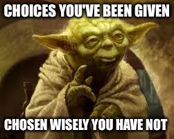 yoda | CHOICES YOU'VE BEEN GIVEN; CHOSEN WISELY YOU HAVE NOT | image tagged in yoda | made w/ Imgflip meme maker