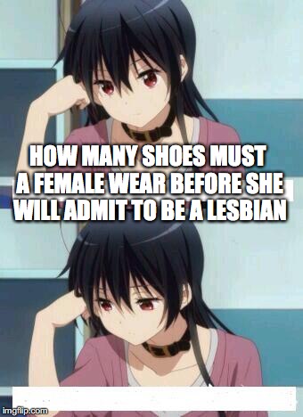 Anime Meme | HOW MANY SHOES MUST A FEMALE WEAR BEFORE SHE WILL ADMIT TO BE A LESBIAN | image tagged in anime meme | made w/ Imgflip meme maker