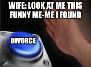 Blank Nut Button | WIFE: LOOK AT ME THIS FUNNY ME-ME I FOUND; DIVORCE | image tagged in blank nut button | made w/ Imgflip meme maker