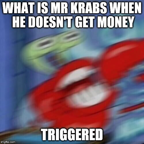 Mr krabs blur | WHAT IS MR KRABS WHEN HE DOESN'T GET MONEY; TRIGGERED | image tagged in mr krabs blur | made w/ Imgflip meme maker