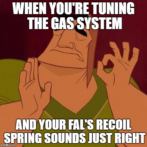 When X just right | WHEN YOU'RE TUNING THE GAS SYSTEM; AND YOUR FAL'S RECOIL SPRING SOUNDS JUST RIGHT | image tagged in when x just right | made w/ Imgflip meme maker