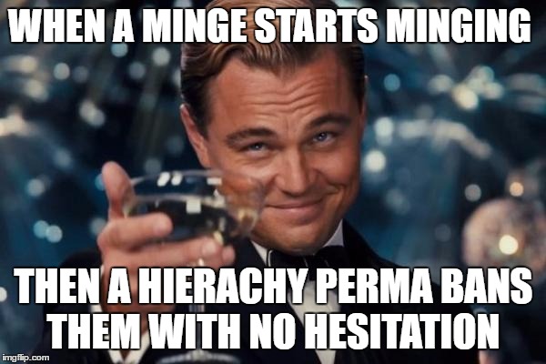 Leonardo Dicaprio Cheers Meme | WHEN A MINGE STARTS MINGING; THEN A HIERACHY PERMA BANS THEM WITH NO HESITATION | image tagged in memes,leonardo dicaprio cheers | made w/ Imgflip meme maker