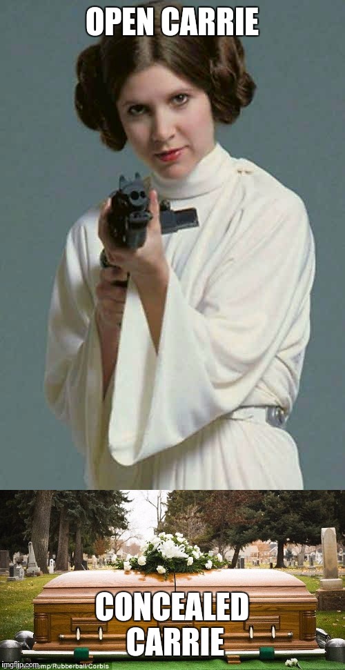  It was last year, for petes sake! |  OPEN CARRIE; CONCEALED CARRIE | image tagged in leia,carrie fisher,star wars,too soon | made w/ Imgflip meme maker