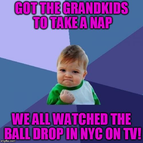 Times Square on TV with the grandkids | GOT THE GRANDKIDS TO TAKE A NAP; WE ALL WATCHED THE BALL DROP IN NYC ON TV! | image tagged in memes,success kid | made w/ Imgflip meme maker