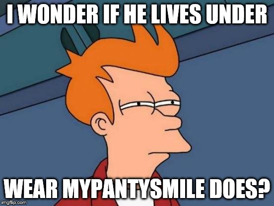 Futurama Fry Meme | I WONDER IF HE LIVES UNDER WEAR MYPANTYSMILE DOES? | image tagged in memes,futurama fry | made w/ Imgflip meme maker