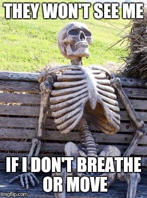 Waiting Skeleton Meme | THEY WON'T SEE ME IF I DON'T BREATHE OR MOVE | image tagged in memes,waiting skeleton | made w/ Imgflip meme maker