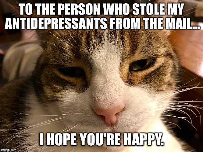 Stole my antidepressants | TO THE PERSON WHO STOLE MY ANTIDEPRESSANTS FROM THE MAIL... I HOPE YOU'RE HAPPY. | image tagged in antidepressant | made w/ Imgflip meme maker