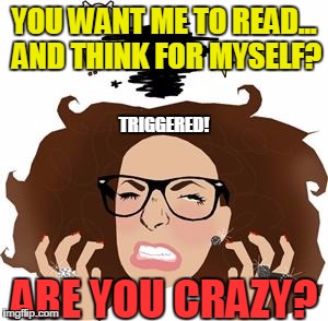 Feminist Rage | YOU WANT ME TO READ... AND THINK FOR MYSELF? TRIGGERED! ARE YOU CRAZY? | image tagged in feminist rage | made w/ Imgflip meme maker
