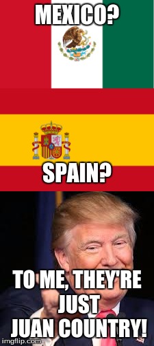MEXICO? SPAIN? TO ME, THEY'RE JUST JUAN COUNTRY! | image tagged in trump,mexico spain | made w/ Imgflip meme maker