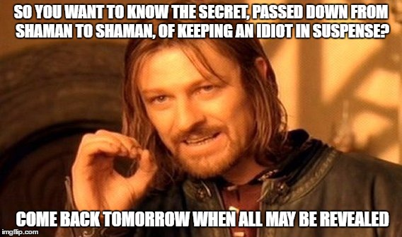 One Does Not Simply | SO YOU WANT TO KNOW THE SECRET, PASSED DOWN FROM SHAMAN TO SHAMAN, OF KEEPING AN IDIOT IN SUSPENSE? COME BACK TOMORROW WHEN ALL MAY BE REVEALED | image tagged in memes,one does not simply | made w/ Imgflip meme maker