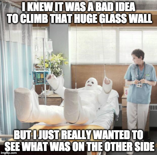 Man in Full Body Cast | I KNEW IT WAS A BAD IDEA TO CLIMB THAT HUGE GLASS WALL; BUT I JUST REALLY WANTED TO SEE WHAT WAS ON THE OTHER SIDE | image tagged in man in full body cast | made w/ Imgflip meme maker