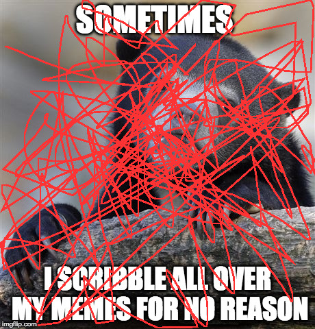 Confession Bear Meme | SOMETIMES; I SCRIBBLE ALL OVER MY MEMES FOR NO REASON | image tagged in memes,confession bear | made w/ Imgflip meme maker