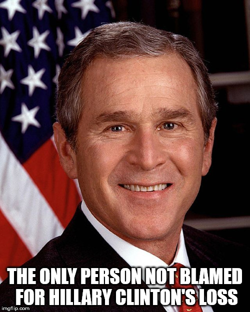 George W Bush | THE ONLY PERSON NOT BLAMED FOR HILLARY CLINTON'S LOSS | image tagged in george w bush | made w/ Imgflip meme maker