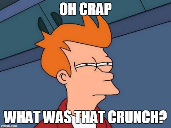 Futurama Fry Meme | OH CRAP WHAT WAS THAT CRUNCH? | image tagged in memes,futurama fry | made w/ Imgflip meme maker