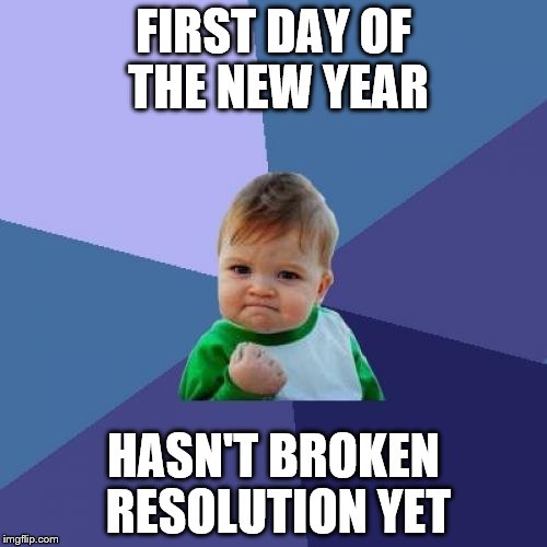 Success Kid Meme | FIRST DAY OF THE NEW YEAR; HASN'T BROKEN RESOLUTION YET | image tagged in memes,success kid | made w/ Imgflip meme maker