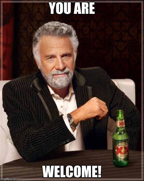 The Most Interesting Man In The World Meme | YOU ARE WELCOME! | image tagged in memes,the most interesting man in the world | made w/ Imgflip meme maker