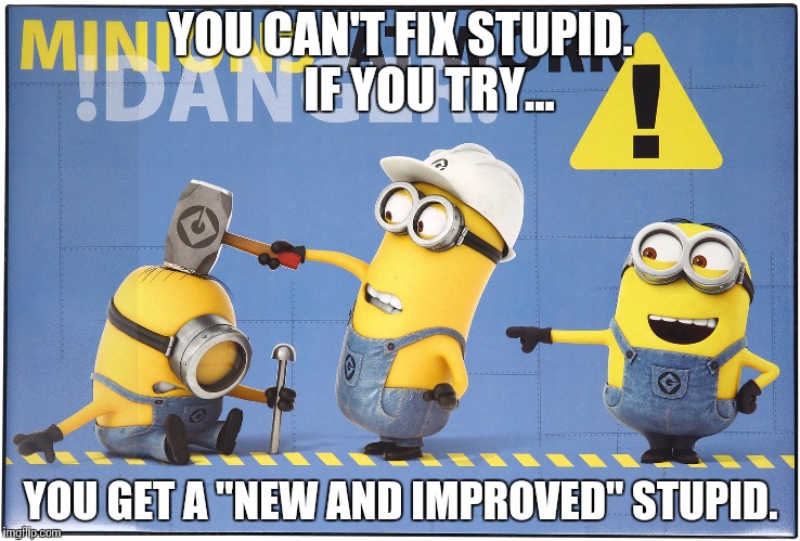 Minions at Work | YOU CAN'T FIX STUPID.    
 IF YOU TRY... YOU GET A "NEW AND IMPROVED" STUPID. | image tagged in minions at work | made w/ Imgflip meme maker