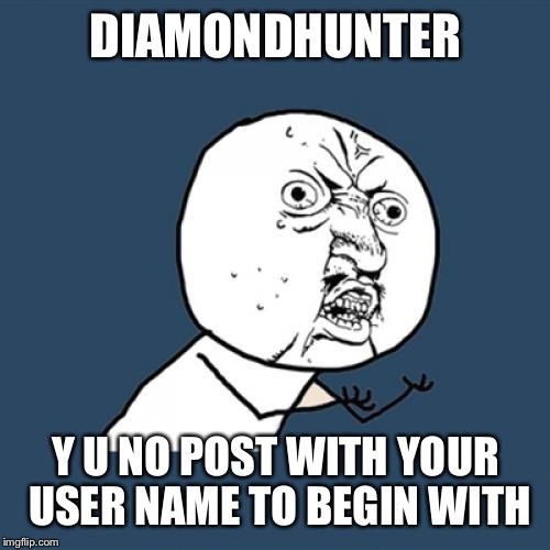 Y U No Meme | DIAMONDHUNTER Y U NO POST WITH YOUR USER NAME TO BEGIN WITH | image tagged in memes,y u no | made w/ Imgflip meme maker