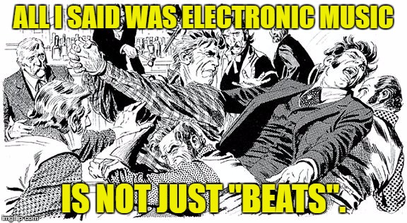 ALL I SAID WAS ELECTRONIC MUSIC; IS NOT JUST "BEATS". | image tagged in bar brawl | made w/ Imgflip meme maker