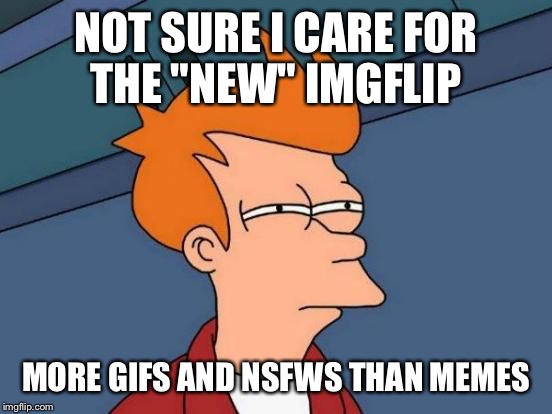 Futurama Fry | NOT SURE I CARE FOR THE "NEW" IMGFLIP; MORE GIFS AND NSFWS THAN MEMES | image tagged in memes,futurama fry | made w/ Imgflip meme maker
