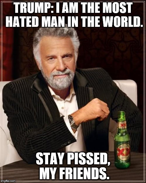 The Most Interesting Man In The World Meme | TRUMP: I AM THE MOST HATED MAN IN THE WORLD. STAY PISSED, MY FRIENDS. | image tagged in memes,the most interesting man in the world | made w/ Imgflip meme maker