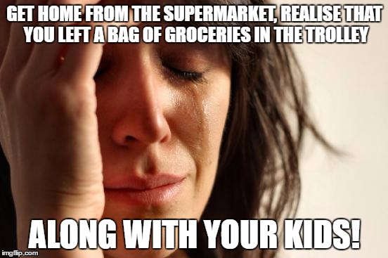 First World Problems | GET HOME FROM THE SUPERMARKET, REALISE THAT YOU LEFT A BAG OF GROCERIES IN THE TROLLEY; ALONG WITH YOUR KIDS! | image tagged in memes,first world problems | made w/ Imgflip meme maker