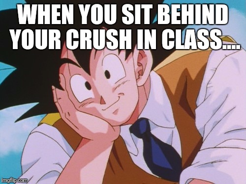 Condescending Goku Meme | WHEN YOU SIT BEHIND YOUR CRUSH IN CLASS.... | image tagged in memes,condescending goku | made w/ Imgflip meme maker