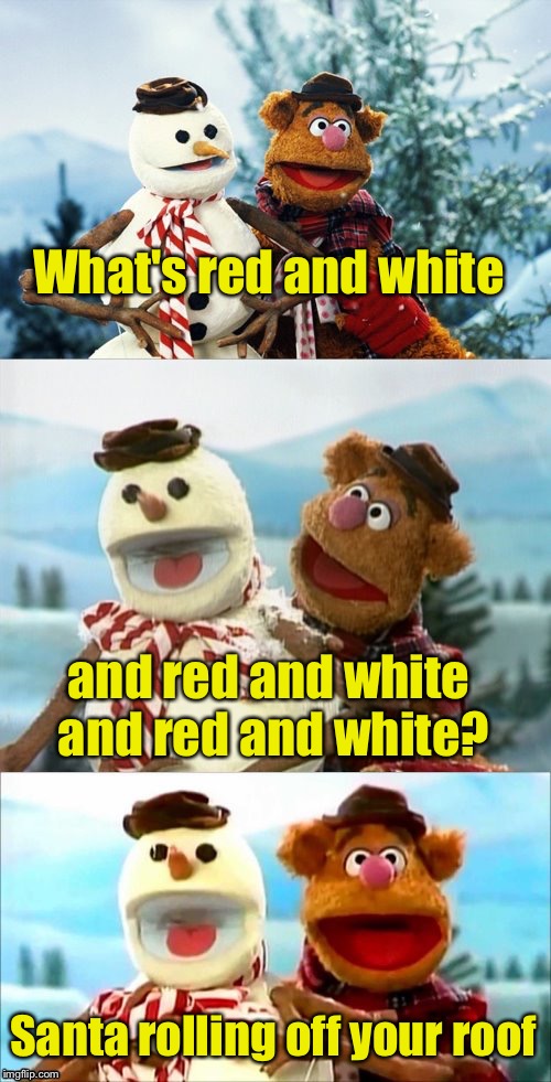 Christmas Puns With Fozzie Bear  | What's red and white; and red and white and red and white? Santa rolling off your roof | image tagged in christmas puns with fozzie bear | made w/ Imgflip meme maker