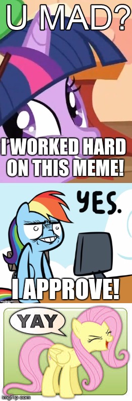 Working hard on memes! | I WORKED HARD ON THIS MEME! I APPROVE! | image tagged in memes,working hard,my little pony,twilight u mad,rainbow dash yes,fluttershy yay | made w/ Imgflip meme maker
