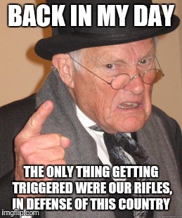 The only safe space my grandfather needed was his foxhole... | BACK IN MY DAY; THE ONLY THING GETTING TRIGGERED WERE OUR RIFLES, IN DEFENSE OF THIS COUNTRY | image tagged in memes,back in my day | made w/ Imgflip meme maker