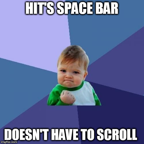 Success Kid Meme | HIT'S SPACE BAR DOESN'T HAVE TO SCROLL | image tagged in memes,success kid | made w/ Imgflip meme maker