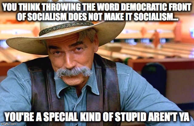 The dude | YOU THINK THROWING THE WORD DEMOCRATIC FRONT OF SOCIALISM DOES NOT MAKE IT SOCIALISM... YOU'RE A SPECIAL KIND OF STUPID AREN'T YA | image tagged in the dude | made w/ Imgflip meme maker