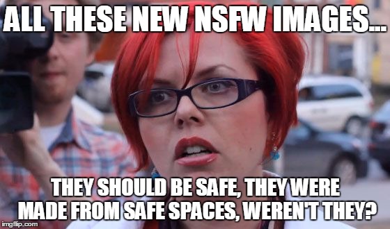 Serious question | ALL THESE NEW NSFW IMAGES... THEY SHOULD BE SAFE, THEY WERE MADE FROM SAFE SPACES, WEREN'T THEY? | image tagged in triggered,safe space,nsfw | made w/ Imgflip meme maker