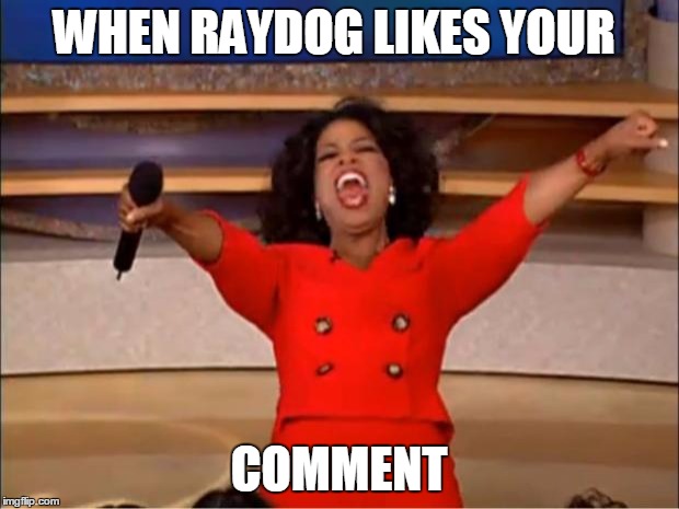 Oprah You Get A | WHEN RAYDOG LIKES YOUR; COMMENT | image tagged in memes,oprah you get a,raydog | made w/ Imgflip meme maker