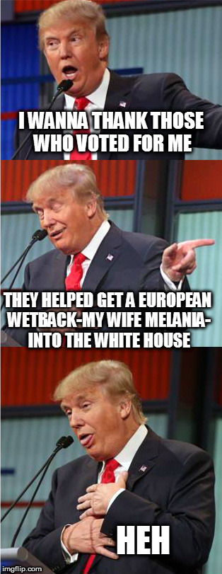 Bad Pun Trump | I WANNA THANK THOSE WHO VOTED FOR ME; THEY HELPED GET A EUROPEAN WETBACK-MY WIFE MELANIA- INTO THE WHITE HOUSE; HEH | image tagged in bad pun trump,fucktrump,dumptrump,donald trump the clown,melania trump,fuck donald trump | made w/ Imgflip meme maker