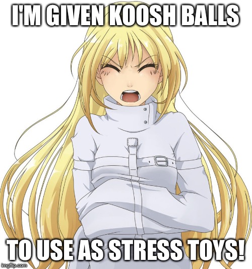 Girl in straitjacket | I'M GIVEN KOOSH BALLS TO USE AS STRESS TOYS! | image tagged in girl in straitjacket | made w/ Imgflip meme maker