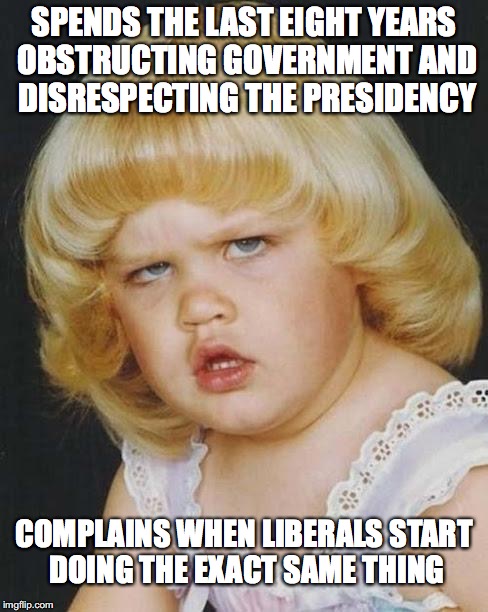 offended man child | SPENDS THE LAST EIGHT YEARS OBSTRUCTING GOVERNMENT AND DISRESPECTING THE PRESIDENCY; COMPLAINS WHEN LIBERALS START DOING THE EXACT SAME THING | image tagged in offended man child,donald trump,president obama,notmypresident,conservatives | made w/ Imgflip meme maker
