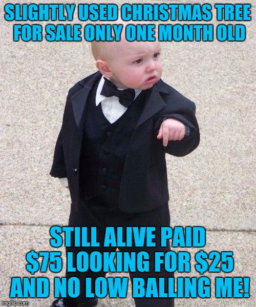 Baby Godfather Meme | SLIGHTLY USED CHRISTMAS TREE FOR SALE ONLY ONE MONTH OLD; STILL ALIVE PAID $75 LOOKING FOR $25 AND NO LOW BALLING ME! | image tagged in memes,baby godfather | made w/ Imgflip meme maker